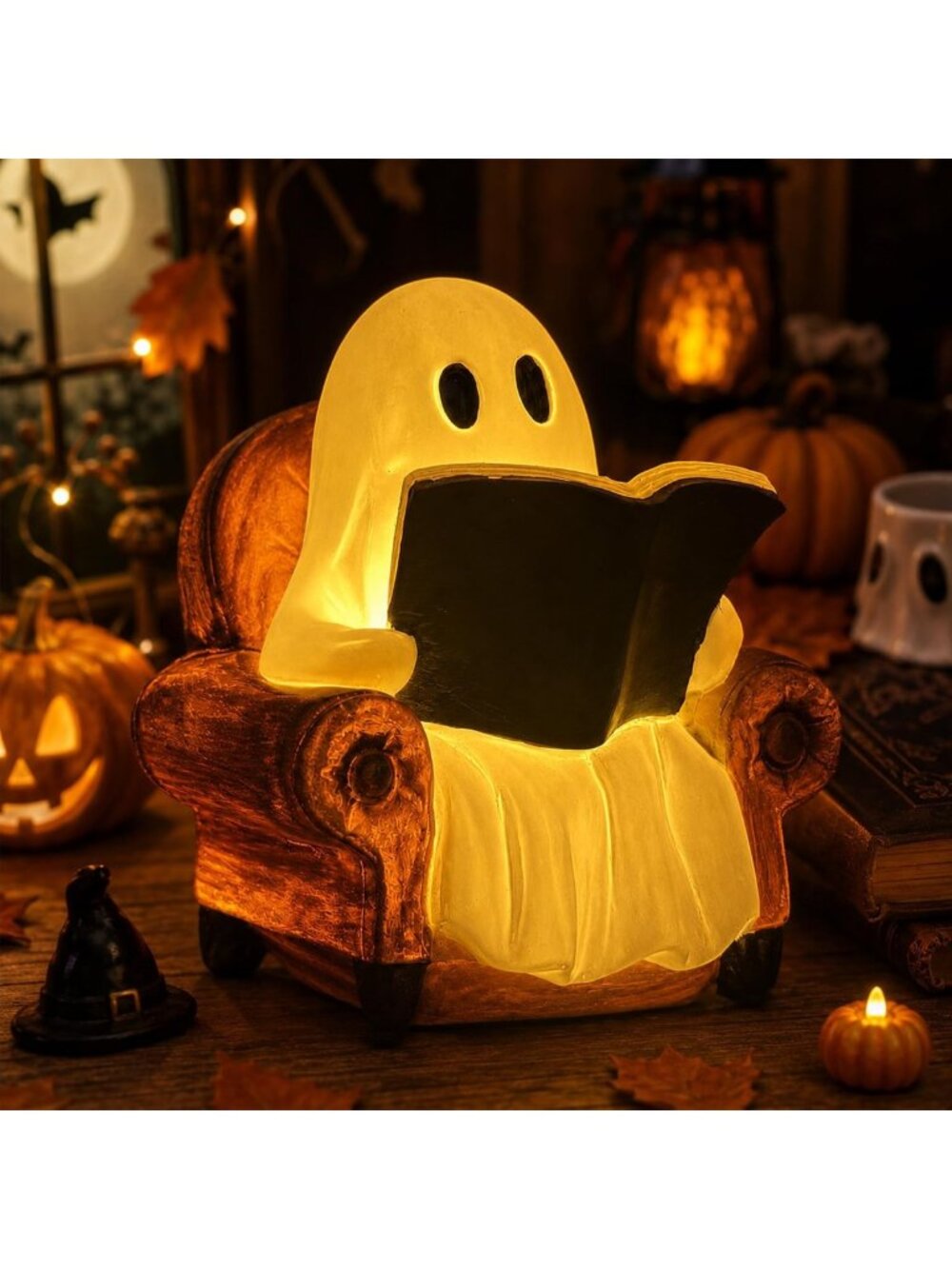 Spooky Ghost Reading Book Lamp - Halloween Indoor Decor & Unique Ghost Accent
